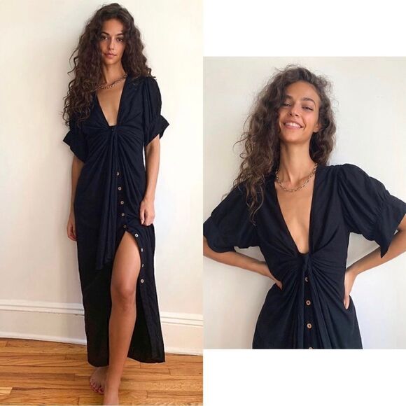 Free People Dresses & Skirts - Free People Womens Tie-Neck Puff Sleeve Linen Midi Dress